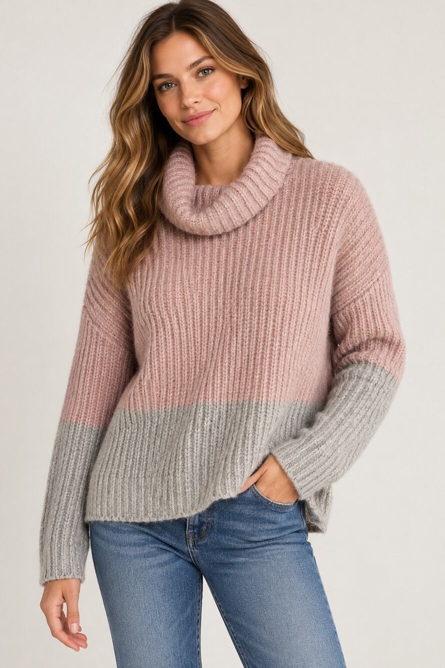 Abercrombie & Fitch Cowl Neck Color Block Chunky Knit Sweater Pink Gray